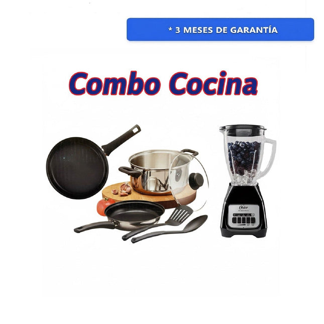 Combo Cocina Batería Tramontina 32208950 de 6 Piezas de Acero Inoxidable + Licuadora Oster BLSTKAGBPB Vaso de Vidrio Negra