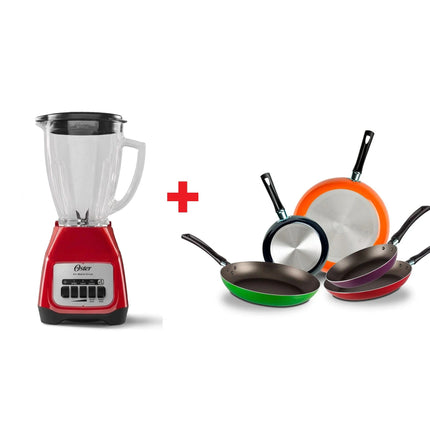 Juego de 5 Sartenes 35808 Ekco De Aluminio Con Tecnología Duraflon + Licuadora Oster BLSTKAG RPB Rojo 4 vel Vaso de vidrio