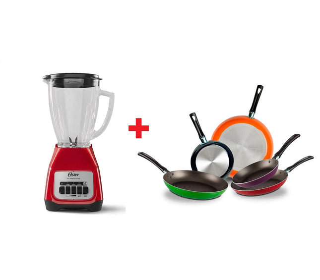 Juego de 5 Sartenes 35808 Ekco De Aluminio Con Tecnología Duraflon + Licuadora Oster BLSTKAG RPB Rojo 4 vel Vaso de vidrio