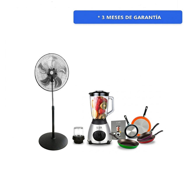 Combo Ventilador Dace VD3MX18125MANN 18" 3 en 1 Aspas Metálicas + Licuadora LAR LARLB-0003 1.5L 300w de vidrio + Juego de 5 Sartenes 35808 Ekco De Aluminio Con Tecnología Duraflon