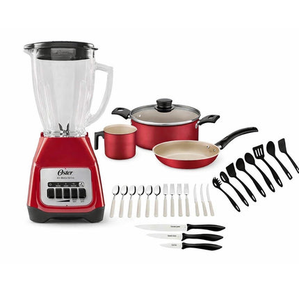 Combo Batería Tramontina 32200742 Turin Roja 31 piezas + Licuadora Oster BLSTKAG RPB Rojo 4 vel Vaso de vidrio