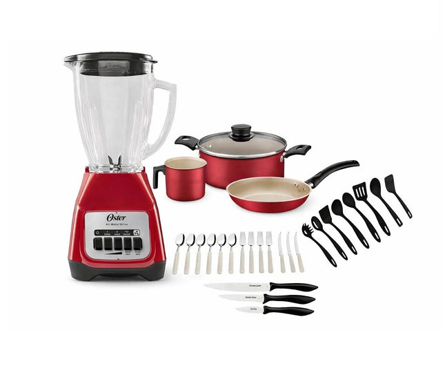 Combo Batería Tramontina 32200742 Turin Roja 31 piezas + Licuadora Oster BLSTKAG RPB Rojo 4 vel Vaso de vidrio