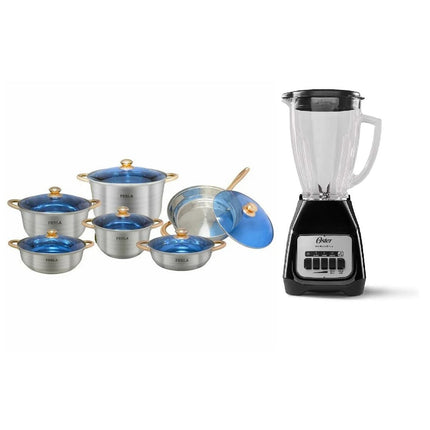 Bateria Perla E001MJ Milán Jumbo Perla 12 pzas + Licuadora Oster BLSTKAG-BPB Vaso de Vidrio Negra