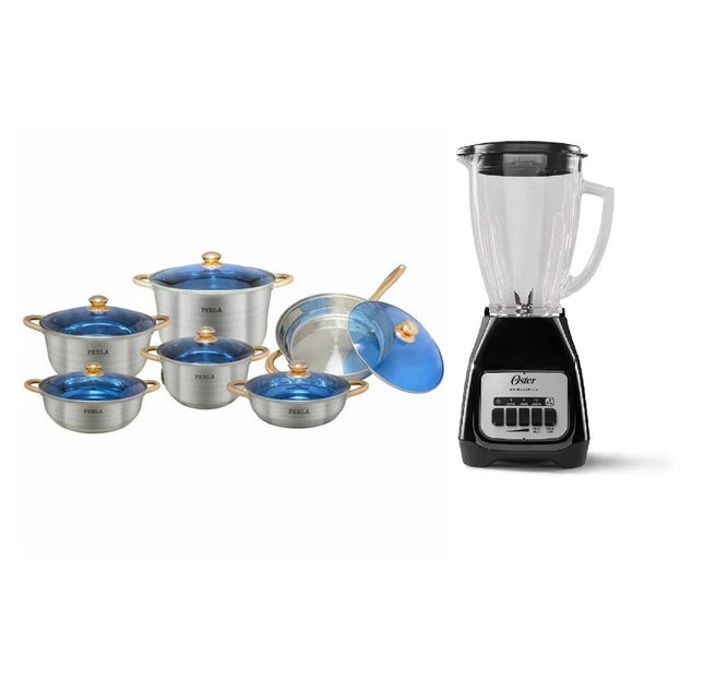 Bateria Perla E001MJ Milán Jumbo Perla 12 pzas + Licuadora Oster BLSTKAG-BPB Vaso de Vidrio Negra