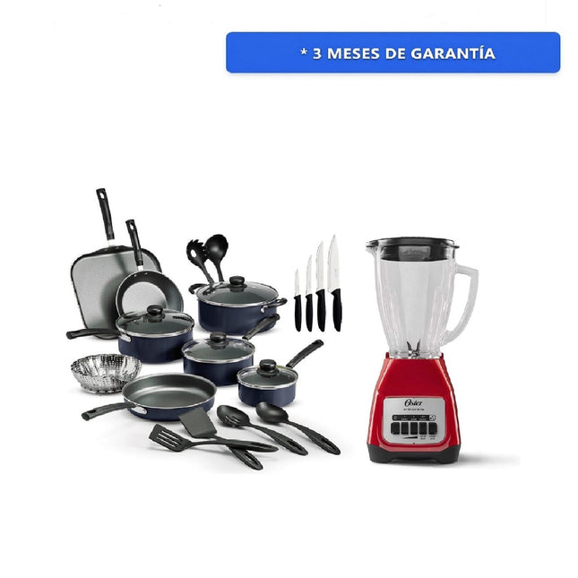 Combo Bateria de cocina Tramontina 32300191  de 22pz primaware Azul + Licuadora Oster BLSTKAG RPB Rojo 4 vel Vaso de vidrio