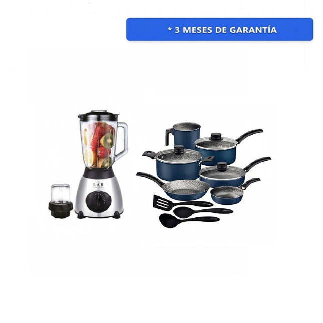 Paquete Convensa Licuadora LAR LARLB-0003 1.5L 300w de vidrio + Bateria Tramontina 27899481 Turim 12 Pzas Azul