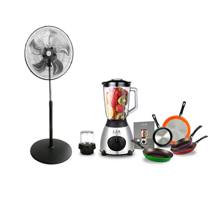 Combo Ventilador Dace VD3MX18125MANN 18" 3 en 1 Aspas Metálicas + Licuadora LAR LARLB-0003 1.5L 300w de vidrio + Juego de 5 Sartenes 35808 Ekco De Aluminio Con Tecnología Duraflon