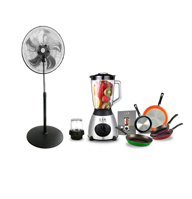 Combo Ventilador Dace VD3MX18125MANN 18" 3 en 1 Aspas Metálicas + Licuadora LAR LARLB-0003 1.5L 300w de vidrio + Juego de 5 Sartenes 35808 Ekco De Aluminio Con Tecnología Duraflon