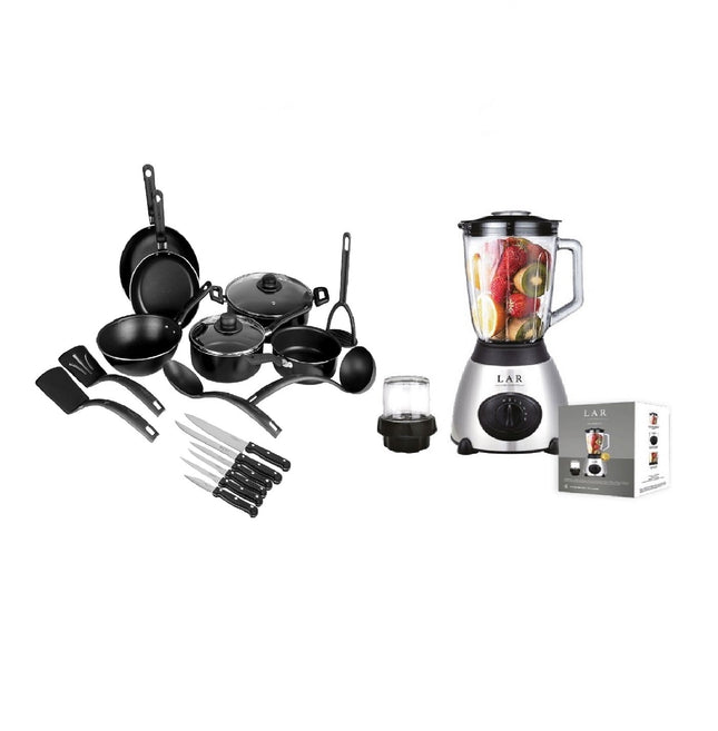 Combo Bateria de Cocina Ekco 70001377 Serum 19 pzas Negro con Antiadherente + Licuadora LAR LARLB-0003 1.5L 300w de vidrio
