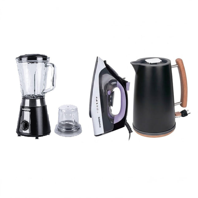 Combo Daewoo Licuadora DBL-851G con molinillo 1.5 lts 2 vel + Pulse rompehielos 500W Negra + Plancha de Vapor DSI-9202 Control de Temperatura 1100W + Hervidor eléctrico inalámbrico DEK-1289 de 1.7L de 1000W