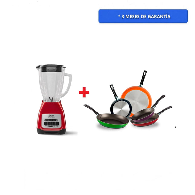 Juego de 5 Sartenes 35808 Ekco De Aluminio Con Tecnología Duraflon + Licuadora Oster BLSTKAG RPB Rojo 4 vel Vaso de vidrio
