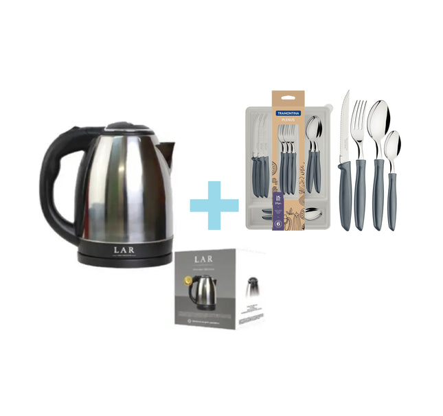 Combo Hervidor electrico LAR LARLB-0005 Capacidad de 1.5L 900w + Juego de Cubiertos Tramontina 23498630 Plenus 25 Piezas Gris