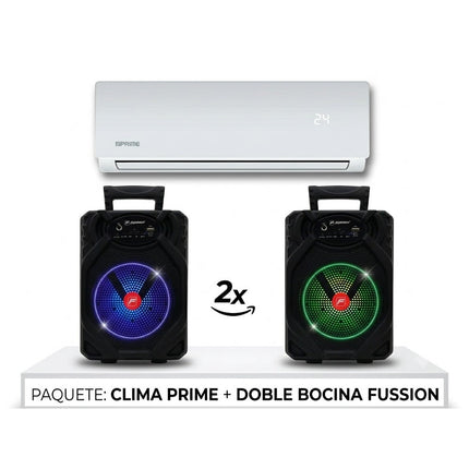 Paquete Aire Minisplit Clima Prime EMPRC121T ELITE 1 TON 12,000 BTUS Frio 110V + Juego De 2 Bafles Fussion PBS-65015 Recargables 6.5" Bluetooth
