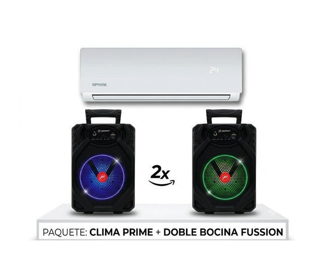 Paquete Aire Minisplit Clima Prime EMPRC121T ELITE 1 TON 12,000 BTUS Frio 110V + Juego De 2 Bafles Fussion PBS-65015 Recargables 6.5" Bluetooth
