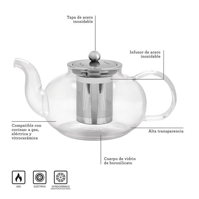 Tetera Tramontina 61764100 vidrio y acero inoxidable con infusor 1l