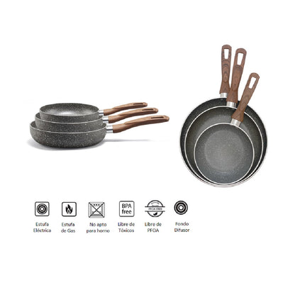 Juego de Sartenes Lamex 66439 Profundo 18/24/28 Stone M/Madera 3.2MM