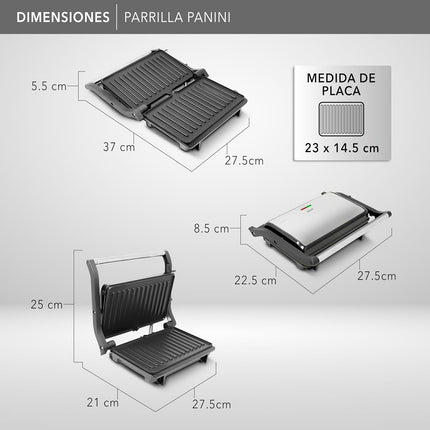 Parrilla Panini RCA RC-123G Press de 180° Negro y Acero Placas Antiadherentes