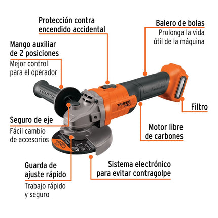 Esmeriladora Truper ESMI-20AS 4-1/2', Pro 20V, sin accesorios