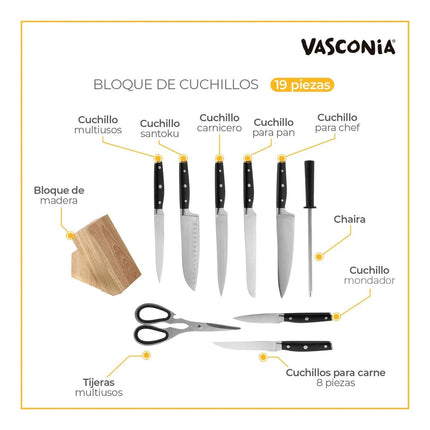 Bloque de Cuchillos VASCONIA con 19 Piezas Prima