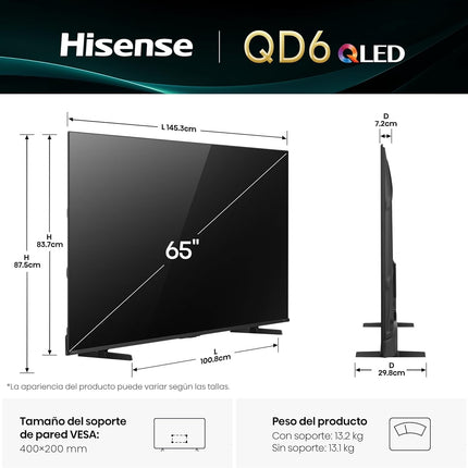 Pantalla Hisense 65QD6QV 65'' QLED Smart Fire TV UHD 4K,Control Remoto por Voz con Alexa