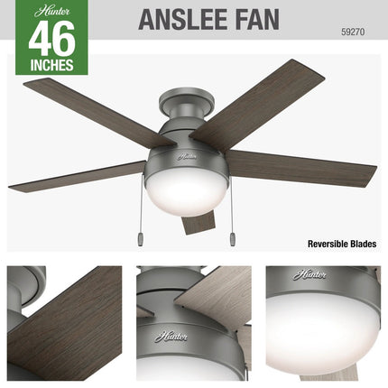 Ventilador de Techo Hunter Anslee 59270, 3 Velocidades, 46", Gris/Plata