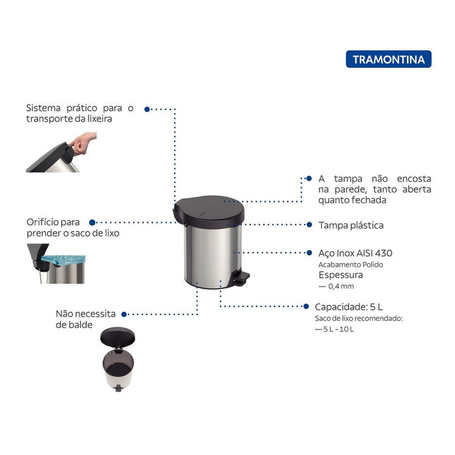 Bote de Basura Tramontina 94538705 Acero Inox New C/Pedestal 5 L