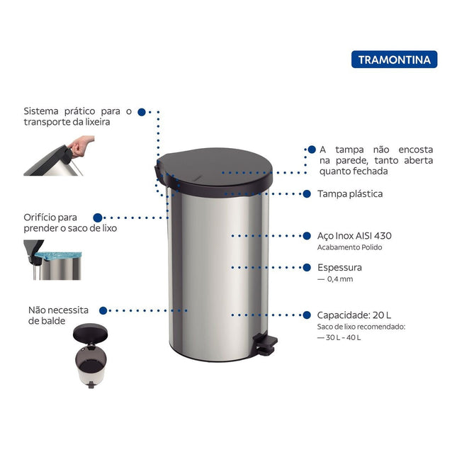 Bote de Basura Tramontina 94538720 Acero Inox New C/Pedestal 20L