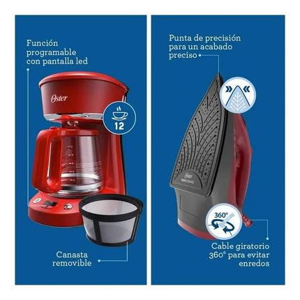 Combo Oster 2211084 4 Elementos, Licuadora, Cafetera, Batidora y Plancha Rojo