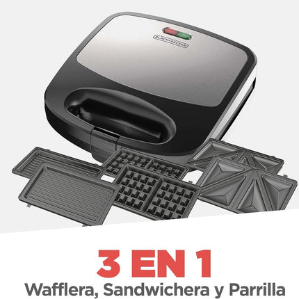 Estación de Desayunos Black &Decker WM2000S-LA3 en 1, Waflera, Sandwichera y Parrilla