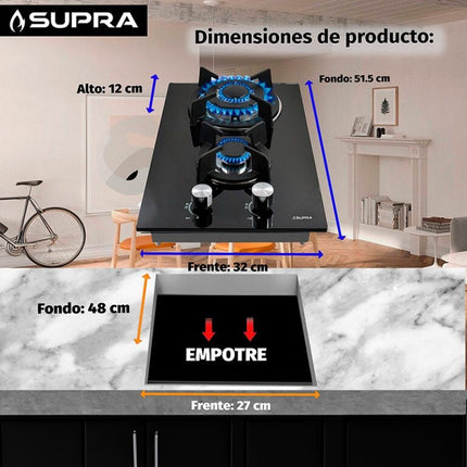 Parrilla de gas DOMINO GLASS Empotrable 2 Quemadores Acero Inoxidable