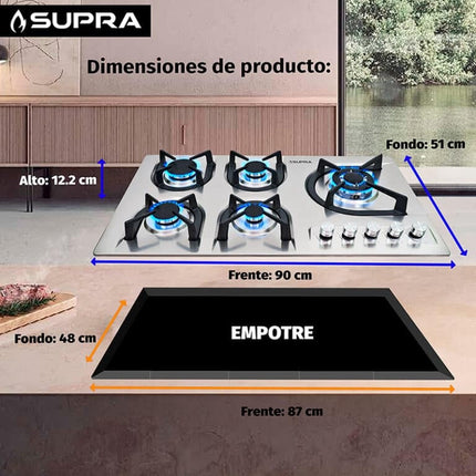 Parrilla de gas 5Q-EA empotrable con 5 quemadores de acero inoxidable de 90 cm