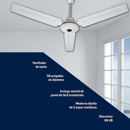 Ventilador de Techo TAURUS APUS 56'' 3 Aspas Control de Pared Incluido 5 Vel 90 W
