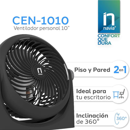 Ventilador Navia CEN-1010 Escritorio o Piso 10"3 Vel Cabezal 360°, Silencioso y Potente Negro 10"