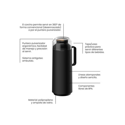 Termo Tramontina 61637103 Exata en Plástico negro con ampolla de vidrio de 1 L