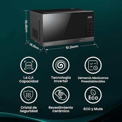 Horno Microondas Hisense HMMS3411DSV 1.4 Tecnología Inverter, 26menús mexicanos preestablecidos  ECO y Mute