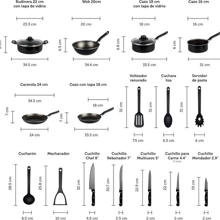 Bateria de Cocina Ekco 70001377 Serum 19 piezas Negro con Antiadherente
