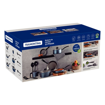 Combo Bateria de Cocina Tramontina 27899481 Turim 12 Piezas Azul + Juego de Cubiertos Tramontina 23198922 Leme 25 Piezas Azul