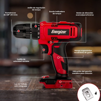 Taladro Inalámbrico Energizer EZLCD38BL-CB 3/8' 20v 1250rpm 50hz Incluye Accesorios