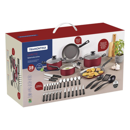 COMBO Bateria de Cocina Tramontina 27899328 Loreto Rojo 38 PiezasSarten Cuadrado + Licuadora Oster BLSTKAG RPB Rojo 4 vel Vaso de vidrio