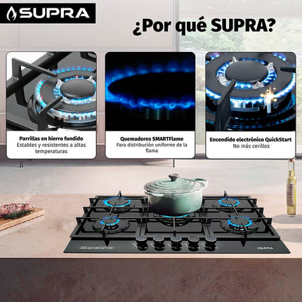 Parrilla de gas 5Q-PG-76 empotrable con 5 quemadores de cristal templado negro
