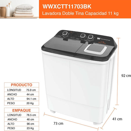 Lavadora Doble Tina White Westinghouse WWXCTT11703BK 11 Kilos Carga Superior Blanca