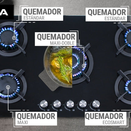 Parrilla de gas ONIX 90 empotrable con 5 quemadores de cristal templado negro