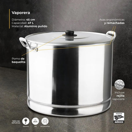 Vaporera Vasconia VAPORE 45VAS con Tapa de Aluminio y Asas Remachadas 47 L