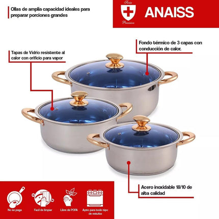 Juego De 3 Ollas Arroceras Royal Haus By Apolo De Acero Inoxidable 20, 24 y 26 Cm Plateado