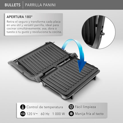 Parrilla Panini RCA RC-123G Press de 180° Negro y Acero Placas Antiadherentes