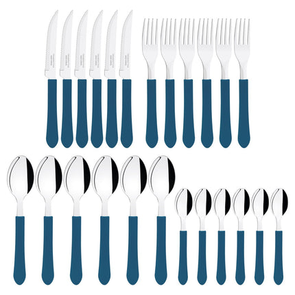 Combo Bateria de Cocina Tramontina 27899481 Turim 12 Piezas Azul + Juego de Cubiertos Tramontina 23198922 Leme 25 Piezas Azul