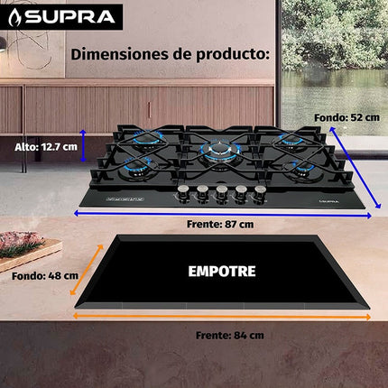 Parrilla de gas 5Q-TG-87 Empotrable 5 quemadores Cristal Templado Negro