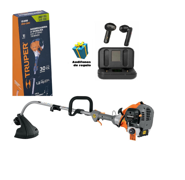 Desbrozadora a gasolina 30cc mango tipo "D" , 17"corte, curva + Audifonos de regalo