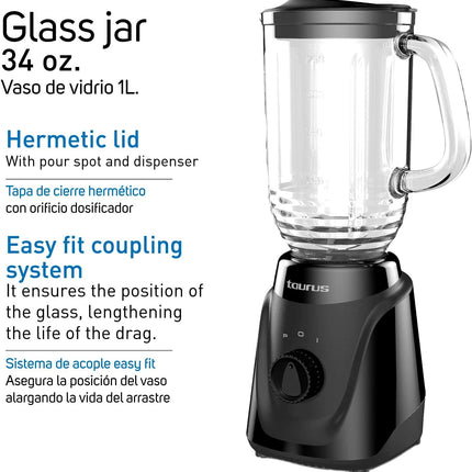 Licuadora Taurus MENINAGLASWH 2 Velocidades,1 Litro 300 W Negro