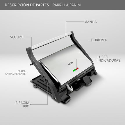 Parrilla Panini RCA RC-123G Press de 180° Negro y Acero Placas Antiadherentes